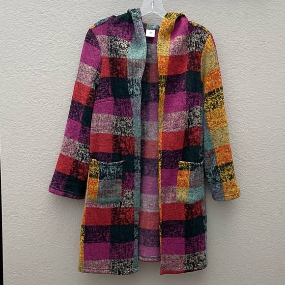 Color-Block Plaid, Hooded, Open Front, Cardigan Style Outerwear Sweater Jacket M - Picture 4 of 6